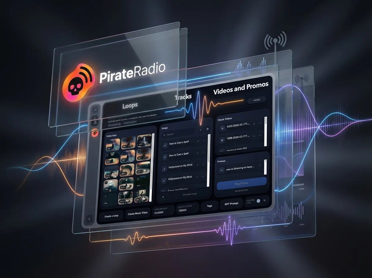 PirateRadio interface with glowing sound-wave overlays
